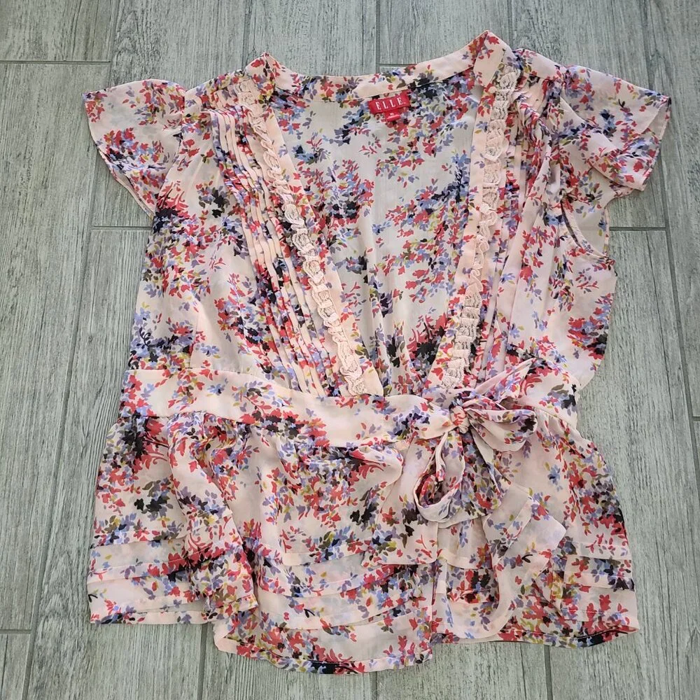Elle women's pink floral wrap blouse v neck size XL - Picture 5 of 11